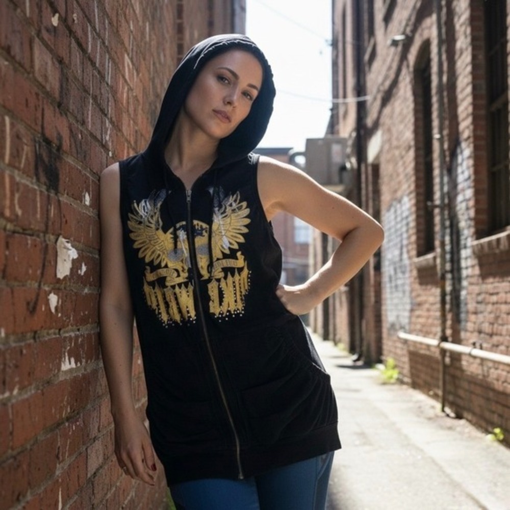 Y2K Hooded Vest Black Gold S M Wings Skull Graphic Biker Rocker Whimsigoth Punk